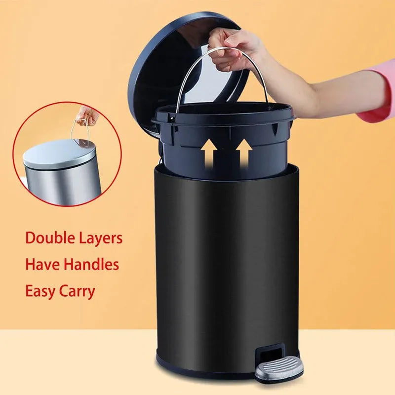 Trash Can Double Layer Foot Pedal Design with Lid Household Bin Kitchen Bathroom - Black