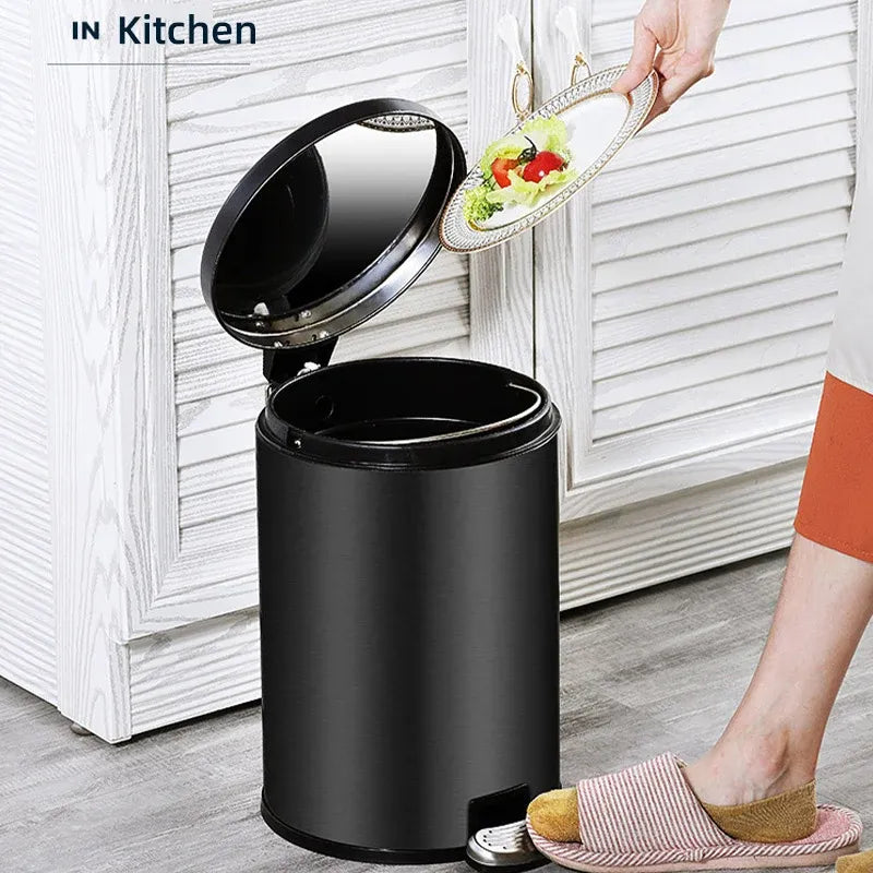 Trash Can Double Layer Foot Pedal Design with Lid Household Bin Kitchen Bathroom - Black