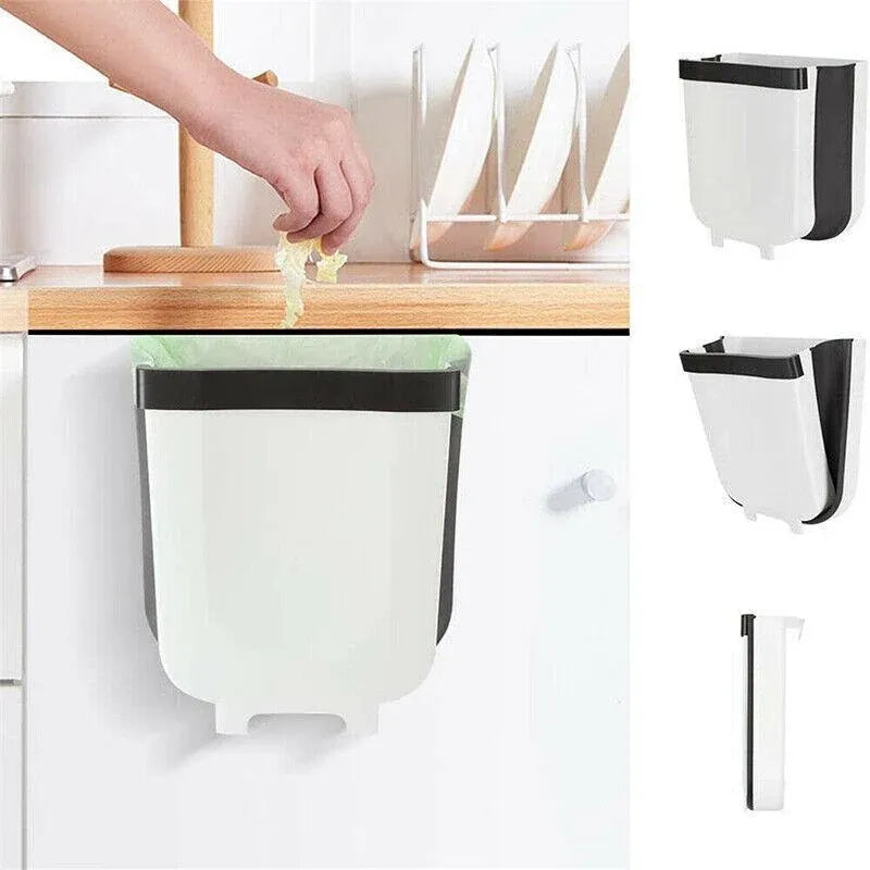 9L Hanging  Bin Wall Mounted Folding Waste Bin Kitchen Dining Cabinet Trash Can - White
