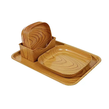 Snack Serving Tray Set Wood Grain Organiser Platter with Base Multi Compartment