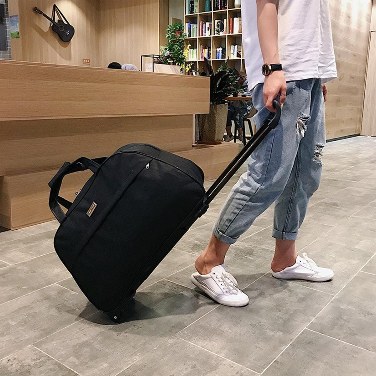 Wheeled Travel Duffle Trolley Bag Carry On Rolling Luggage Suitcase Tote Durable - Black-24in