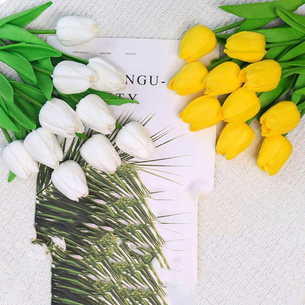 20PCS Real Touch Artificial Tulip Bouquet Fake Flowers for Home Wedding Decor - White