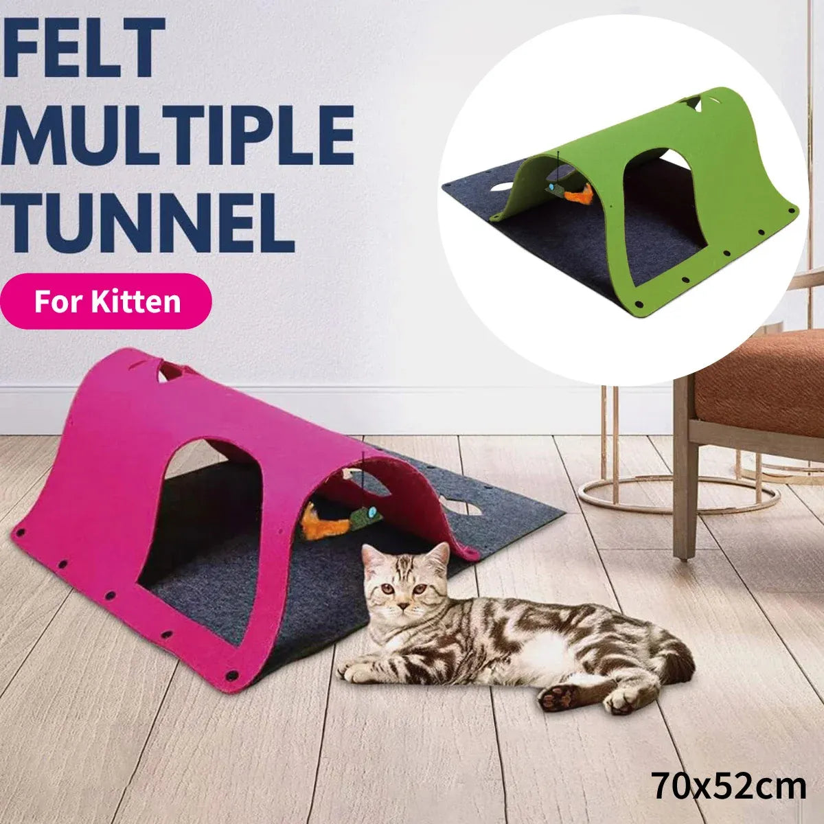 Felt Cat Tunnel Play Passage For Cats Interactive Fun Hideaway For Pets Indoor - Green