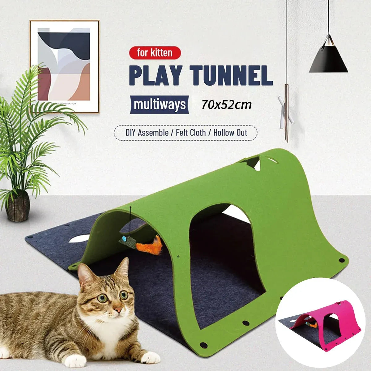 Felt Cat Tunnel Play Passage For Cats Interactive Fun Hideaway For Pets Indoor - Green