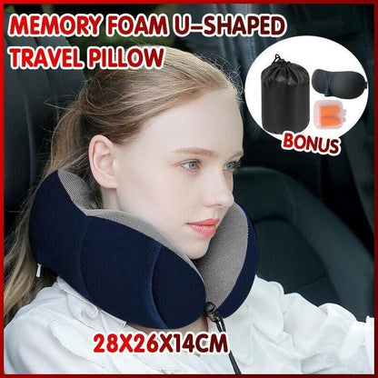 Memory Foam U-Shaped Travel Neck Pillow Set with Sleep Mask and Earplugs