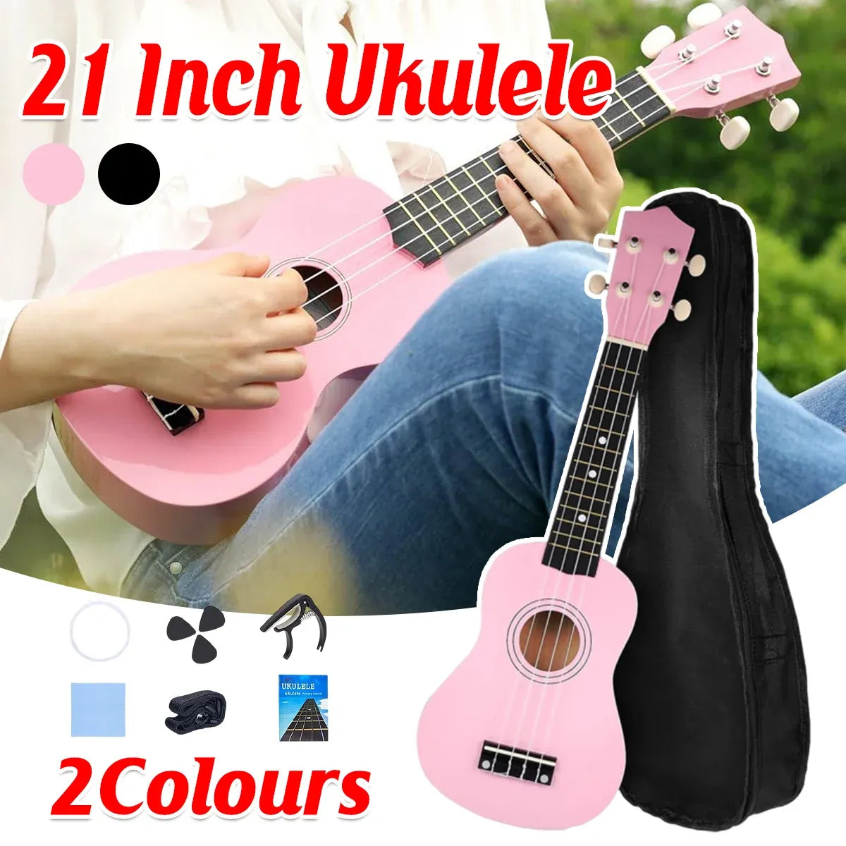 21 Inch Ukulele Beginner 4 String Small Guitar Easy To Learn Clear Sound Use - Pink