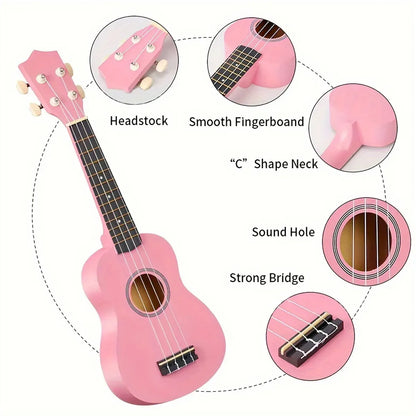 21 Inch Ukulele Beginner 4 String Small Guitar Easy To Learn Clear Sound Use - Pink