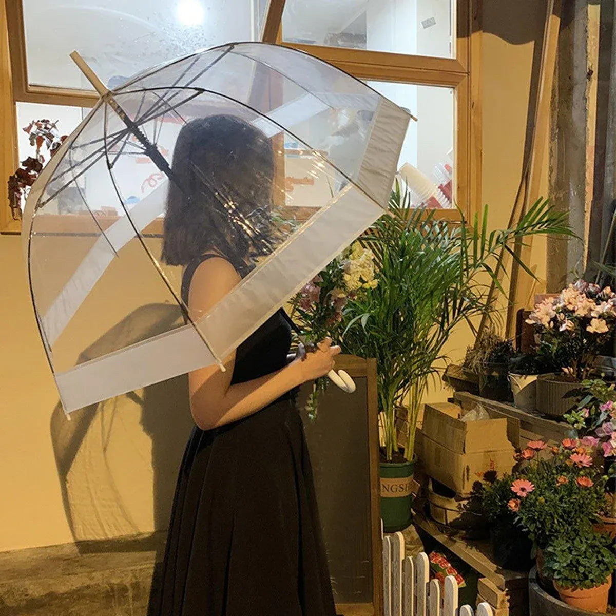 Clear Dome Umbrella Wedding Party Transparent Parasol Handle Waterproof Rain - Black