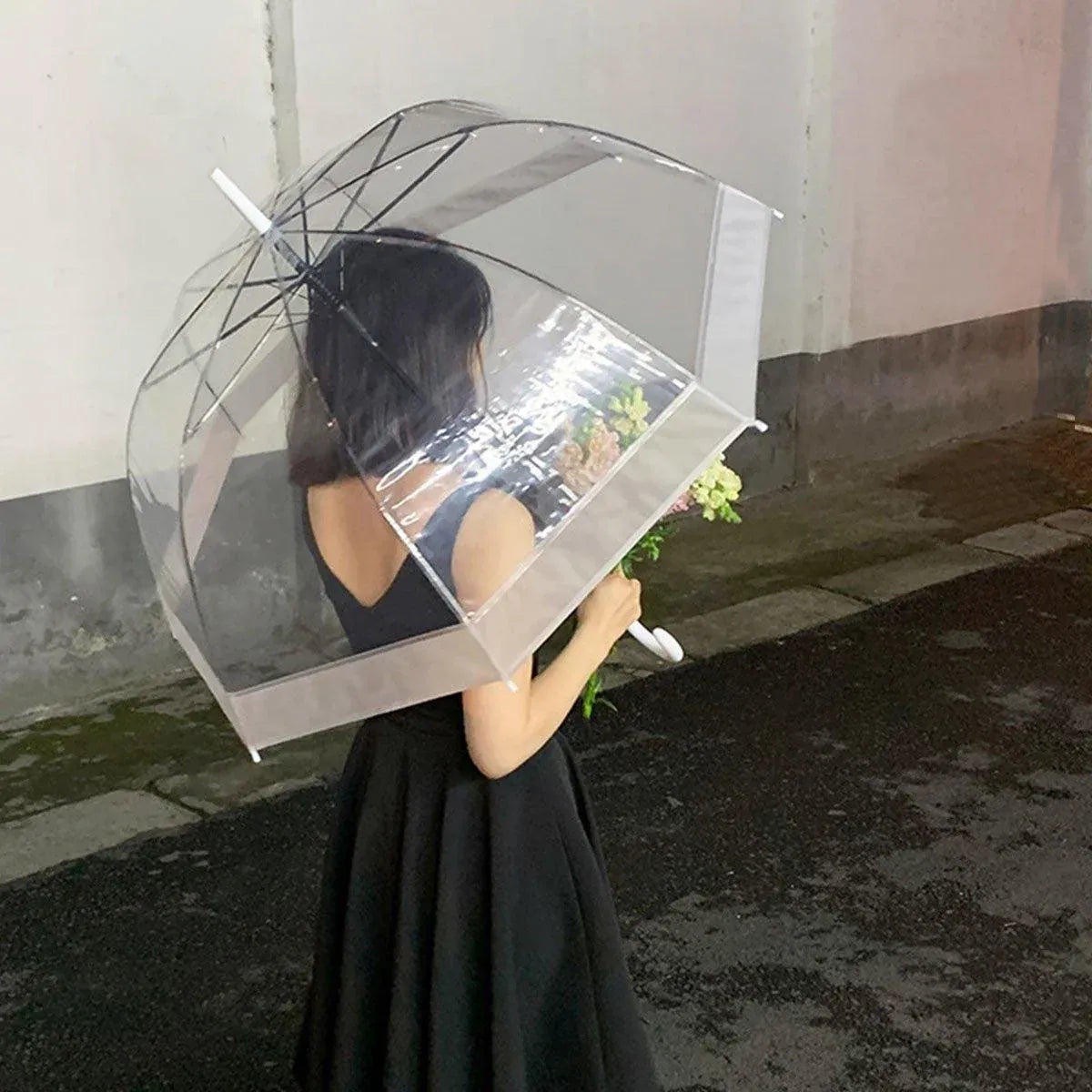 Clear Dome Umbrella Wedding Party Transparent Parasol Handle Waterproof Rain - Black