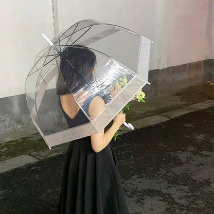 Clear Dome Umbrella Wedding Party Transparent Parasol Handle Waterproof Rain - Black