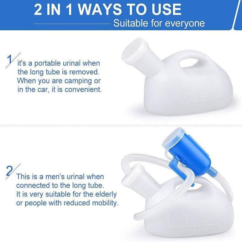 2000ml Portable Male Urinal Bottle with 1.2m Tube for Car Camping Travel Outdoor Use - White