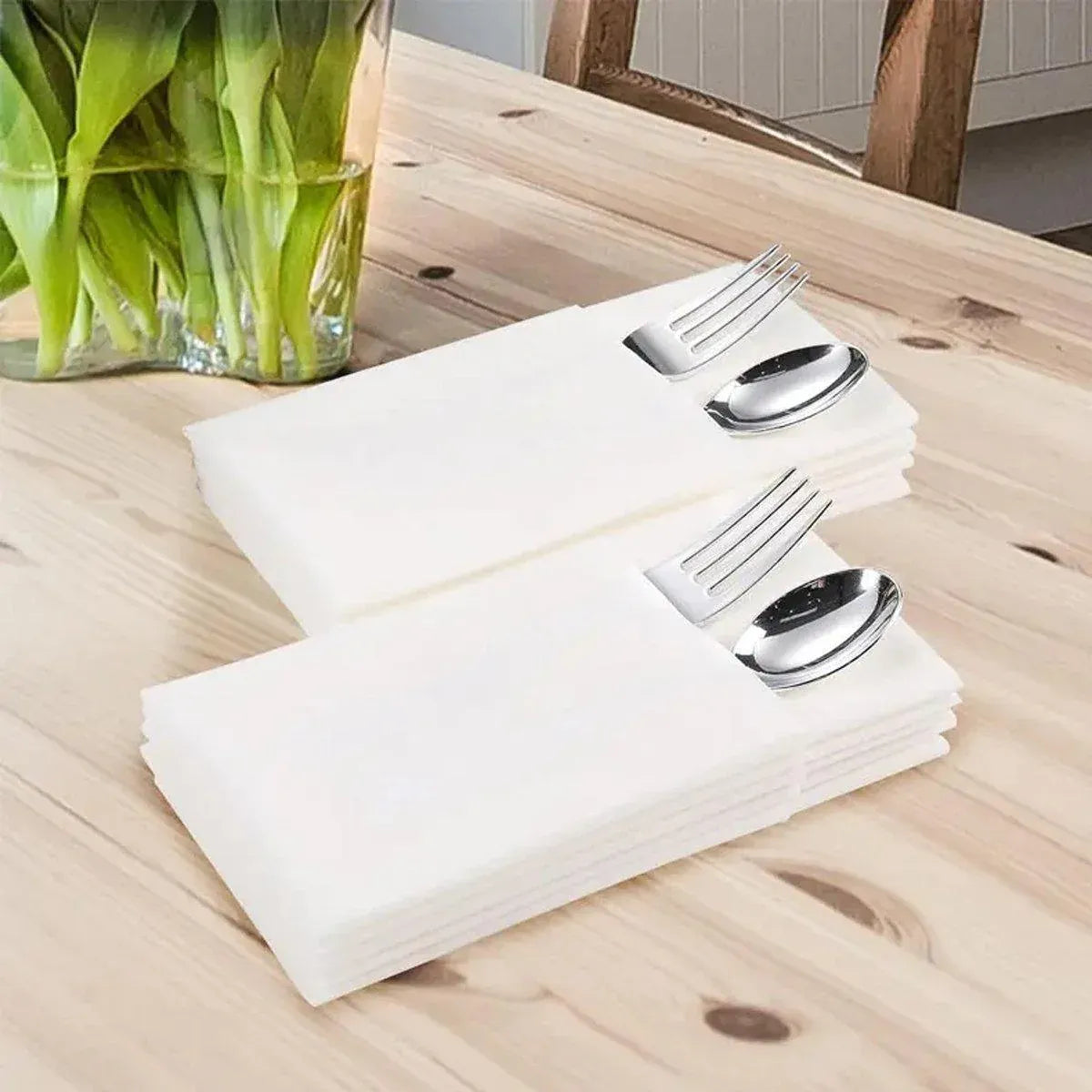 50/100PCS Disposable White Napkin Set Knife Fork Holder for Party Banquet Table - 100PCS