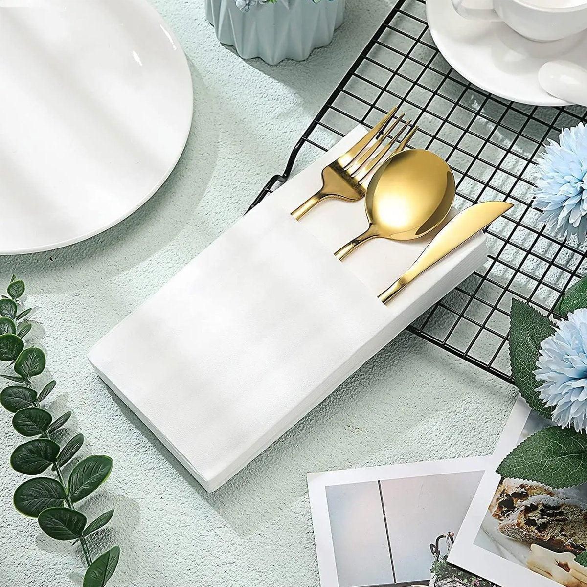 50/100PCS Disposable White Napkin Set Knife Fork Holder for Party Banquet Table - 100PCS
