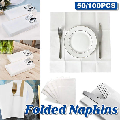50/100PCS Disposable White Napkin Set Knife Fork Holder for Party Banquet Table - 100PCS