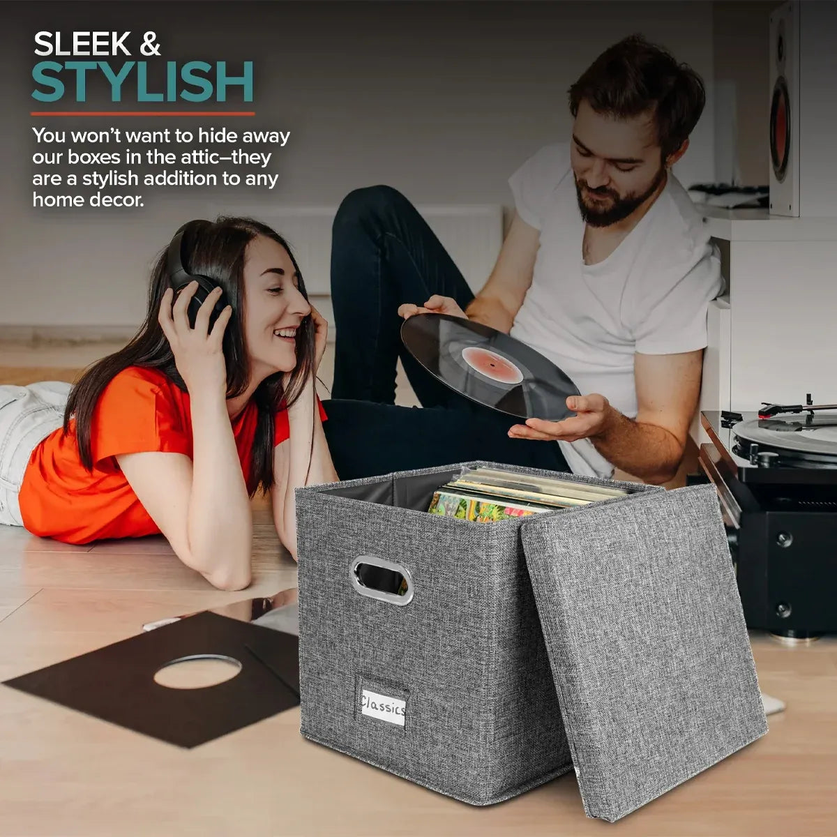 Linen Fabric Vinyl Record Storage Box Foldable With Lid Included Dustproof