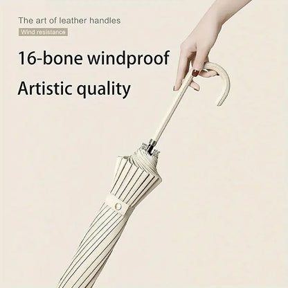 Large 16 Bone Automatic Umbrella Unisex Long Handle Dual Use Rain Sun Umbrella - White