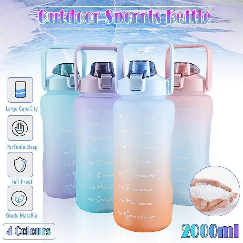 2L Large Water Bottle Straw Time Gradient Cup Fitness Jugs Sport Gym Training - Blue