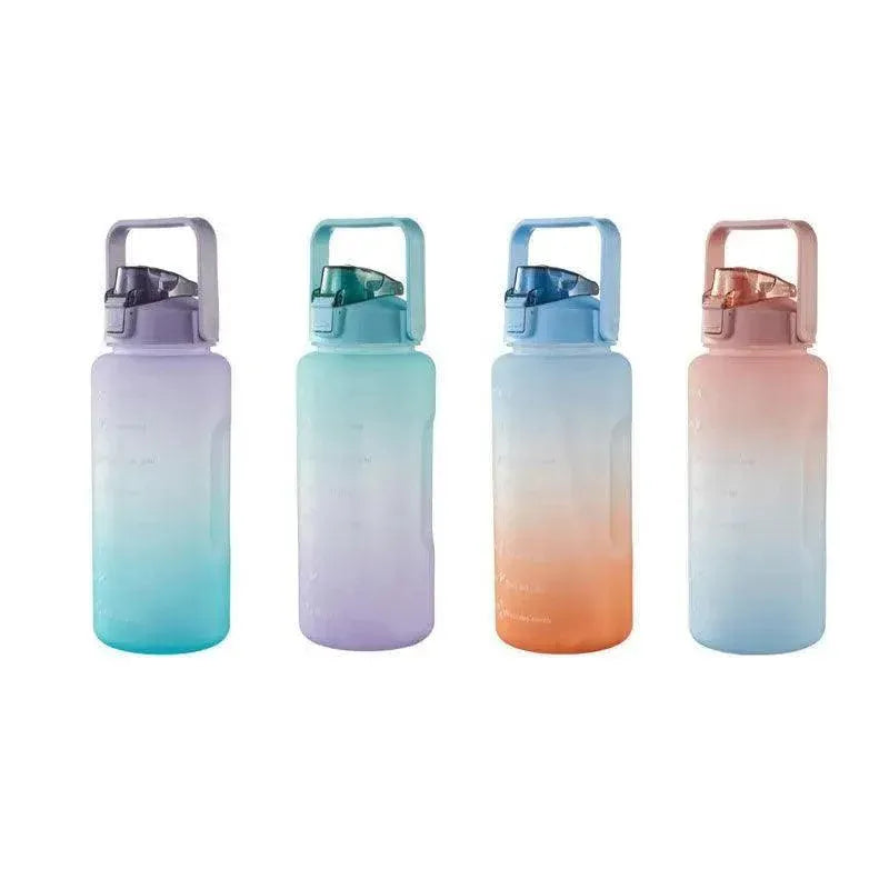 2L Large Water Bottle Straw Time Gradient Cup Fitness Jugs Sport Gym Training - Blue