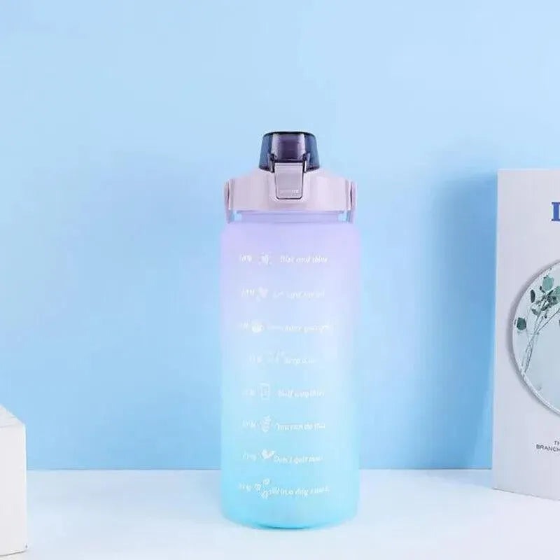 2L Large Water Bottle Straw Time Gradient Cup Fitness Jugs Sport Gym Training - Blue
