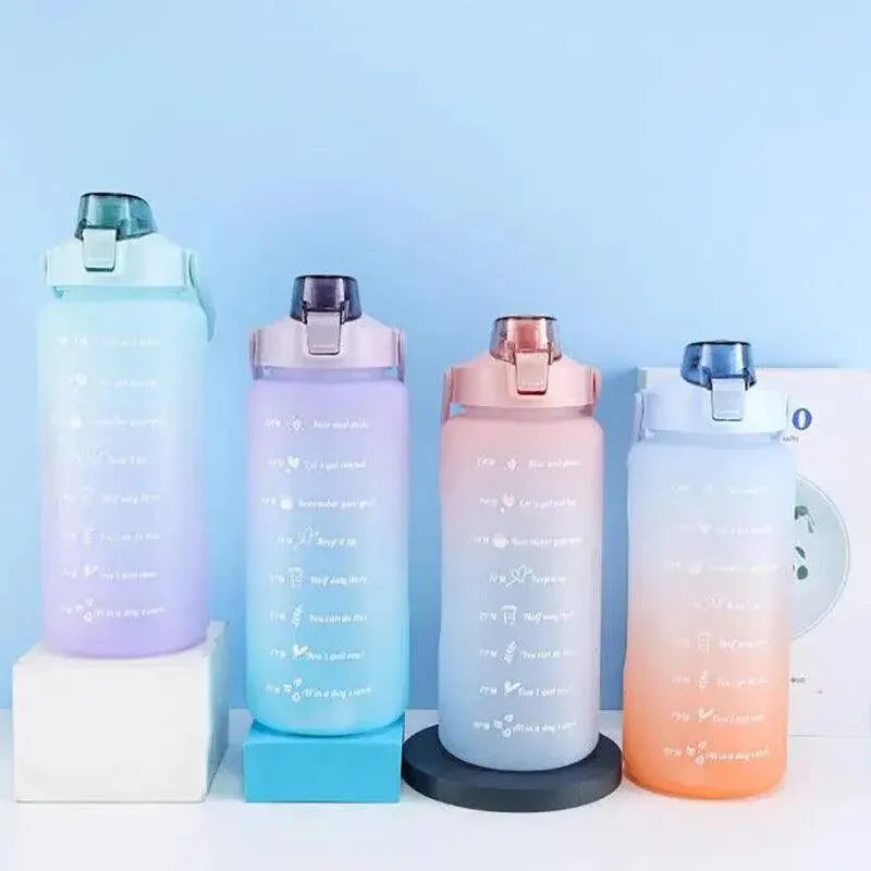 2L Large Water Bottle Straw Time Gradient Cup Fitness Jugs Sport Gym Training - Blue