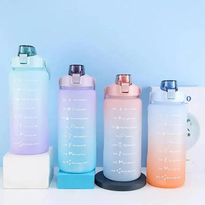 2L Large Water Bottle Straw Time Gradient Cup Fitness Jugs Sport Gym Training - Blue