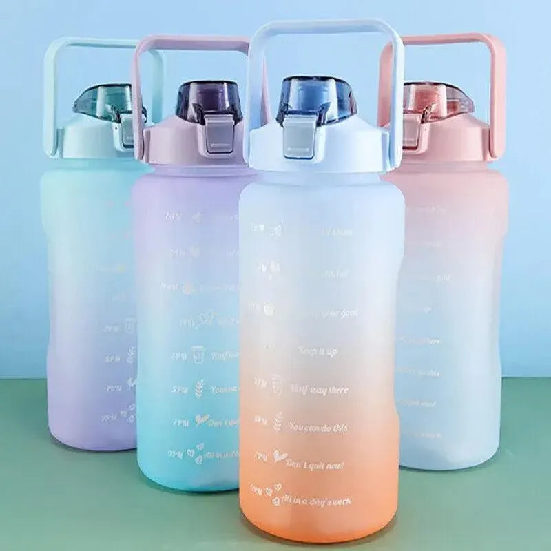 2L Large Water Bottle Straw Time Gradient Cup Fitness Jugs Sport Gym Training - Blue