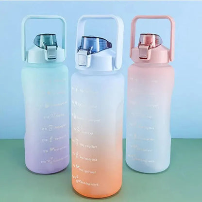 2L Large Water Bottle Straw Time Gradient Cup Fitness Jugs Sport Gym Training - Pink