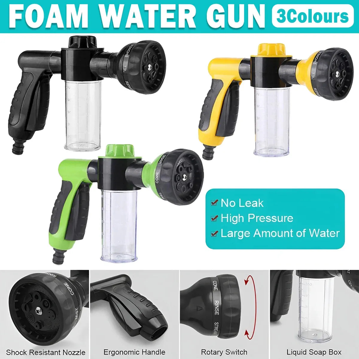 Washing Nozzle Plant Pet Hose 8-Mode Garden Car Water Foam Sprayer Soap Dispenser - Yellow