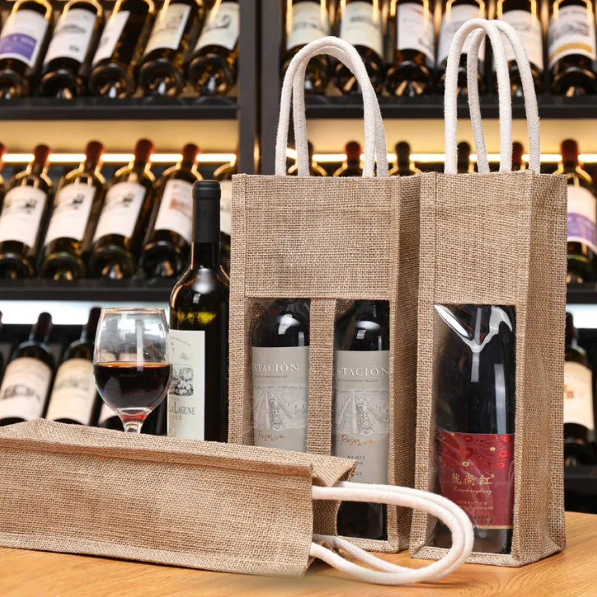 5PCS Wine Bottle Bags Tote Carrier Gift Bag Durable Single or Double Bottles - 1