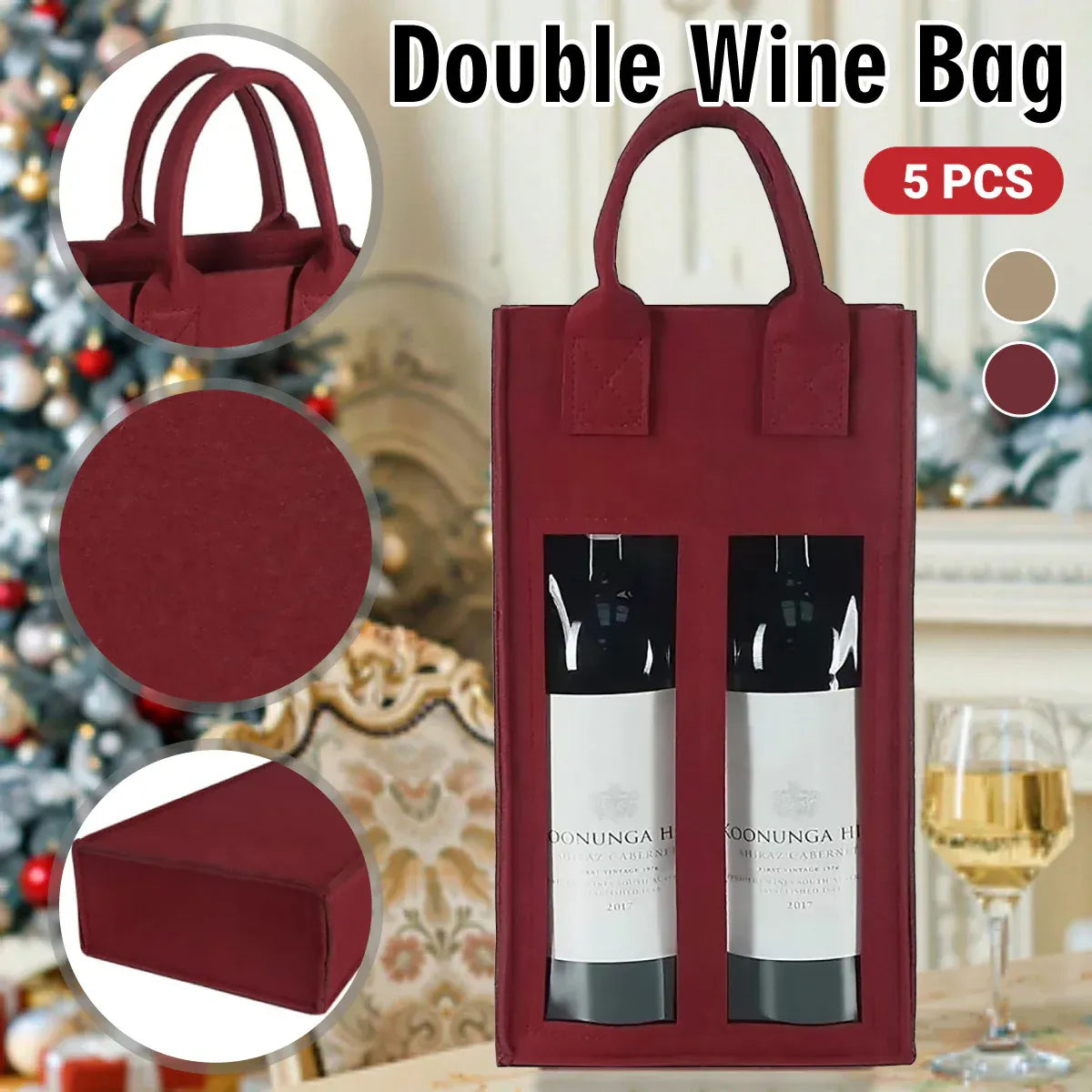 5PCS Handheld Wine Gift Bags Double-Bottle Design with Clear Window Portable - Burgundy