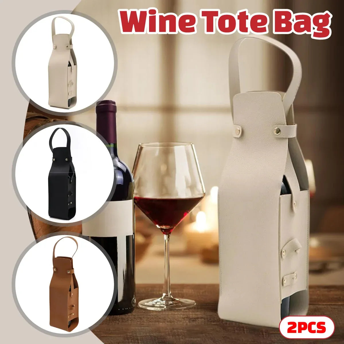 2PCS Wine Tote Bag PU Leather with Handle Durable for Party Gift