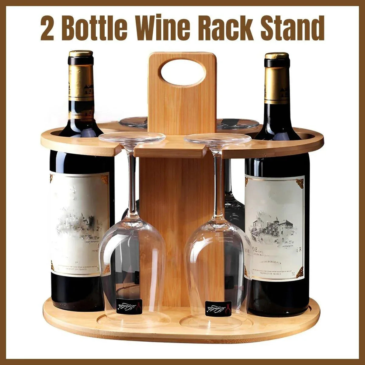 Wooden Wine Rack Free Standing 2Bottles with 4Glasses Holder Bamboo Wine Storage