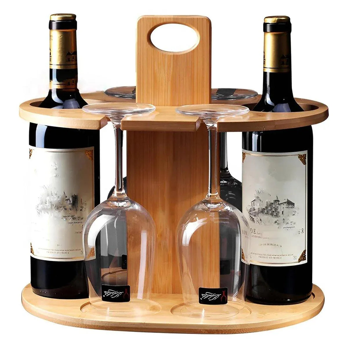 Wooden Wine Rack Free Standing 2Bottles with 4Glasses Holder Bamboo Wine Storage
