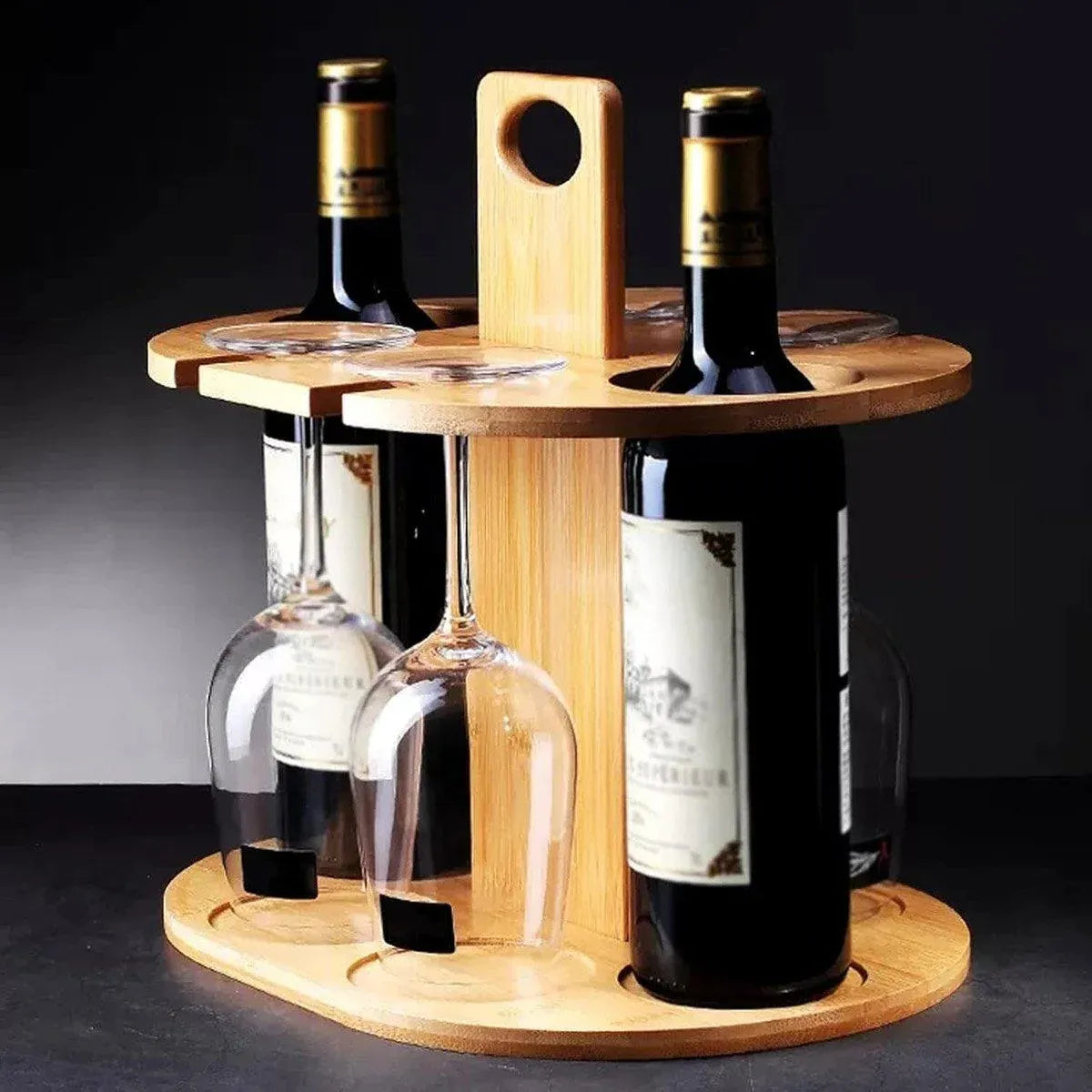 Wooden Wine Rack Free Standing 2Bottles with 4Glasses Holder Bamboo Wine Storage