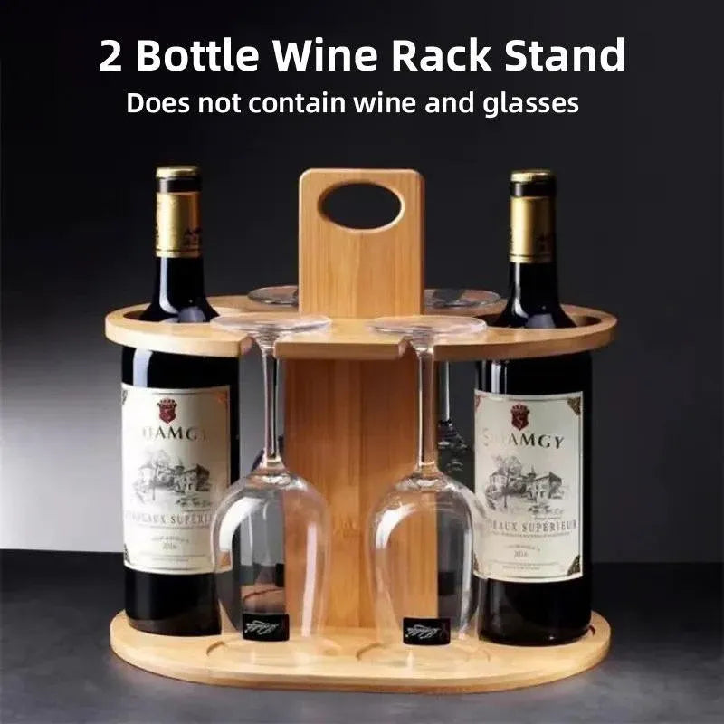 Wooden Wine Rack Free Standing 2Bottles with 4Glasses Holder Bamboo Wine Storage