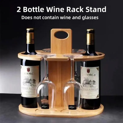 Wooden Wine Rack Free Standing 2Bottles with 4Glasses Holder Bamboo Wine Storage