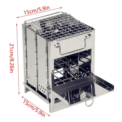 Square Wood Stove Mini Folding Grill Outdoor Camping Portable BBQ Cooking Rack