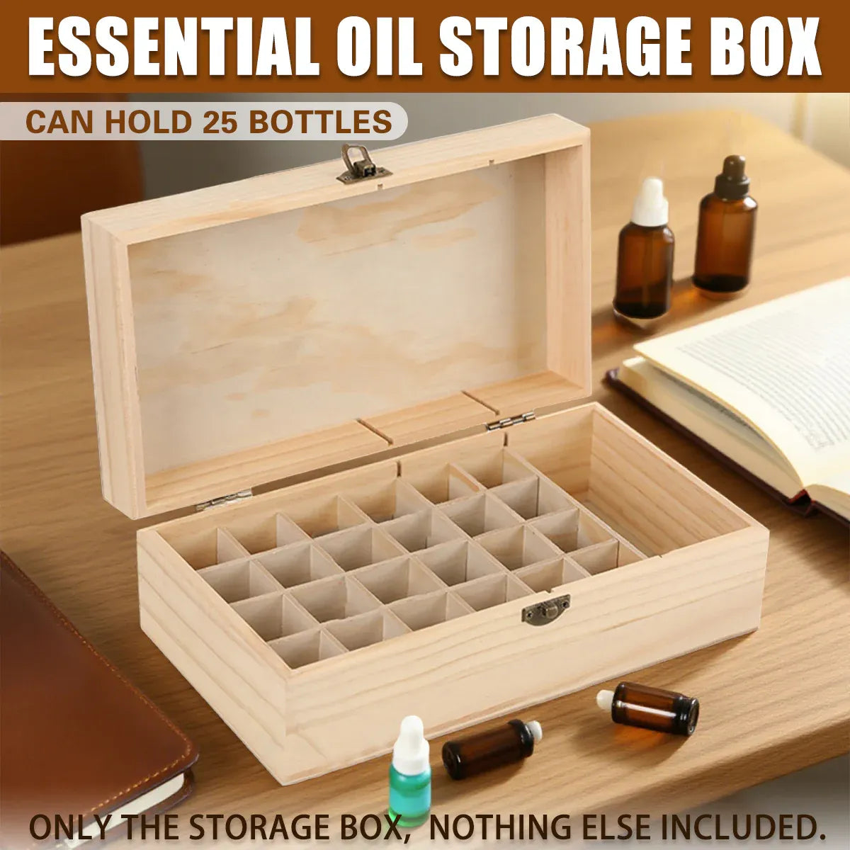 Large Capacity Solid Wood Essential Oil Storage Box 25 Grid Organizer Durable