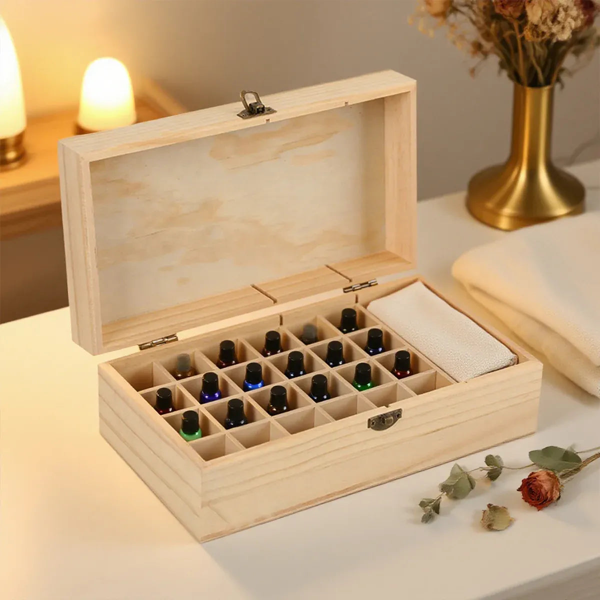 Large Capacity Solid Wood Essential Oil Storage Box 25 Grid Organizer Durable