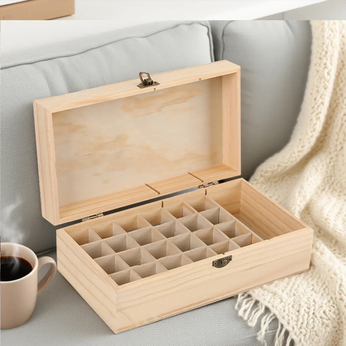 Large Capacity Solid Wood Essential Oil Storage Box 25 Grid Organizer Durable