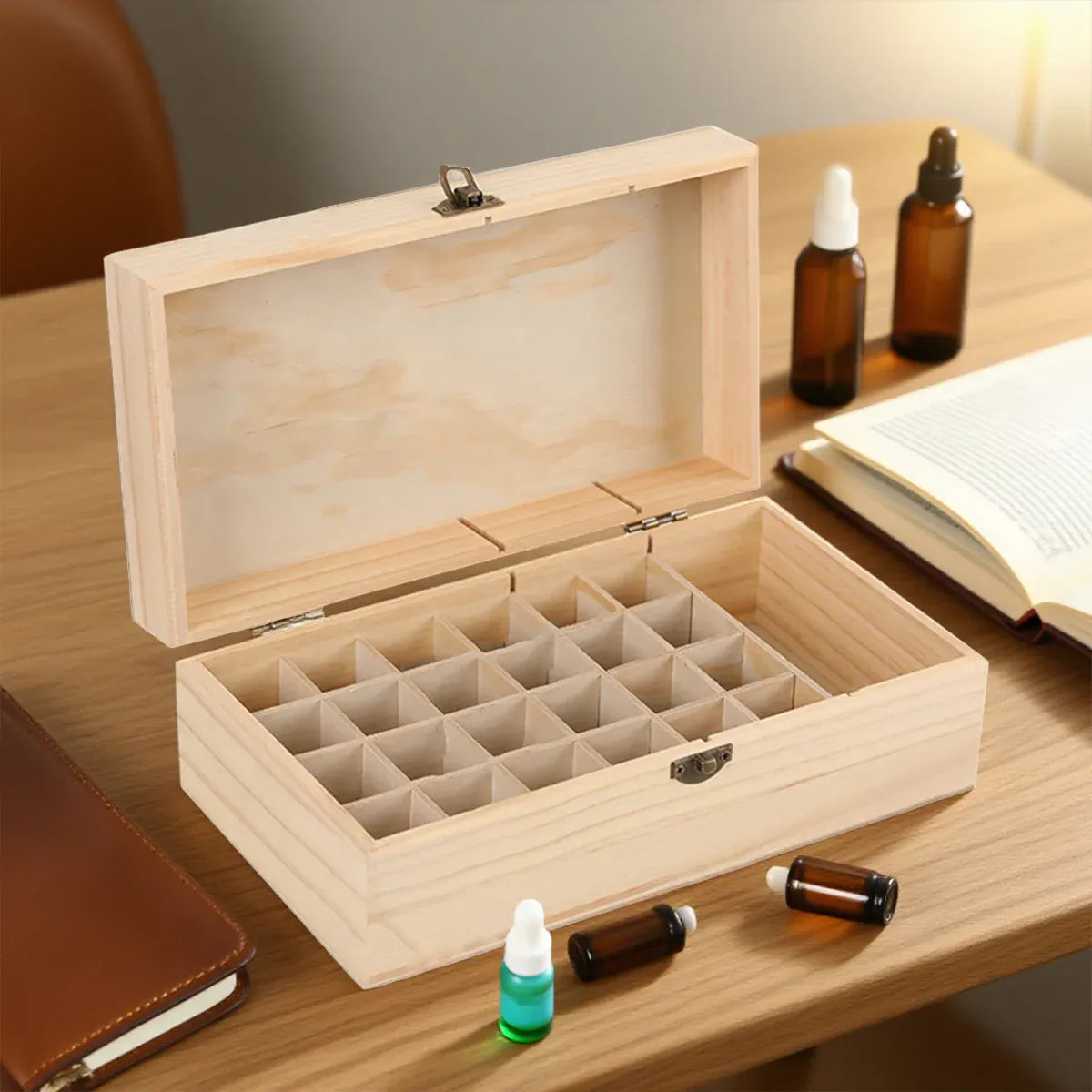 Large Capacity Solid Wood Essential Oil Storage Box 25 Grid Organizer Durable