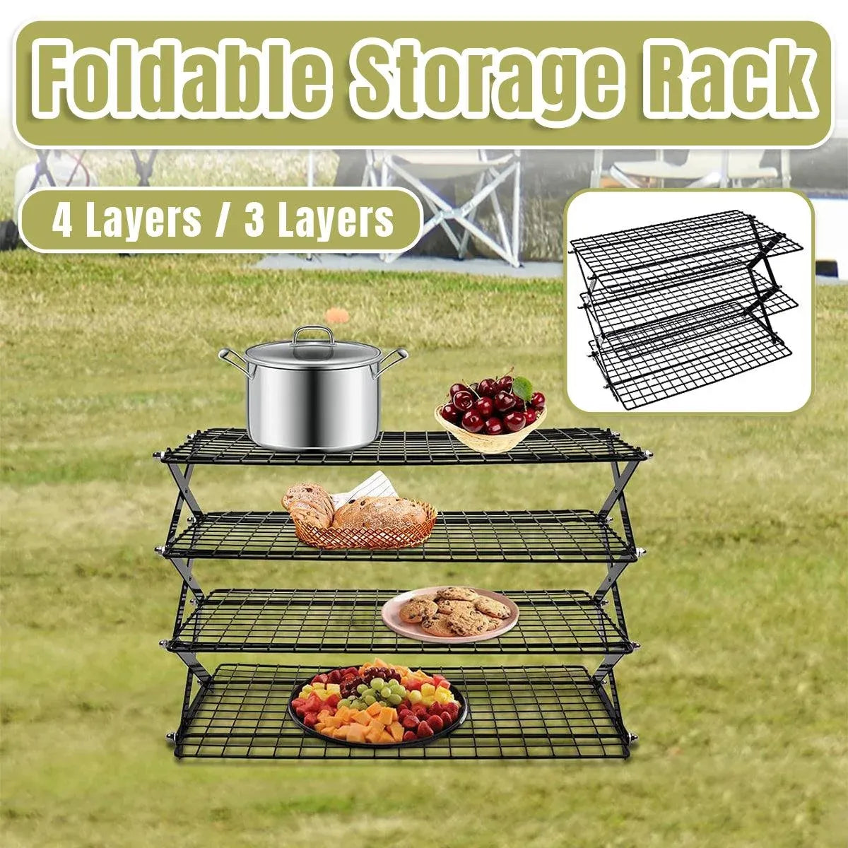 3/4 Tier Camping Dining Rack Iron Shelf Portable Picnic Rack Foldable Storage Table - 3 Layers