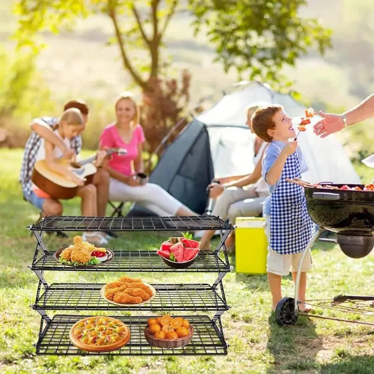3/4 Tier Camping Dining Rack Iron Shelf Portable Picnic Rack Foldable Storage Table - 3 Layers