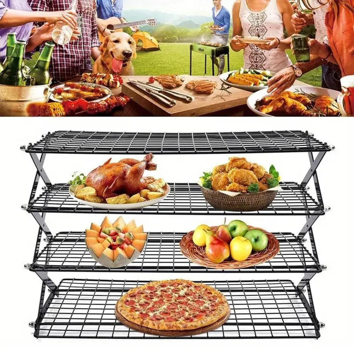 3/4 Tier Camping Dining Rack Iron Shelf Portable Picnic Rack Foldable Storage Table - 3 Layers