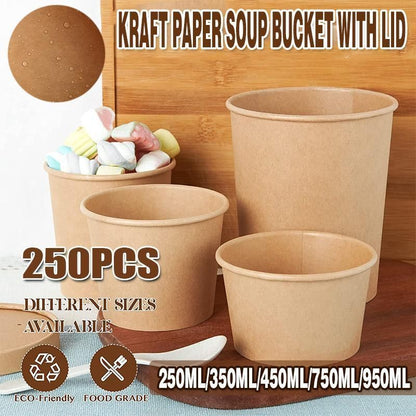 250x Biodegradable Kraft Paper Soup Bucket with Lid Takeaway Tubs Cups - 250ML (8OZ)