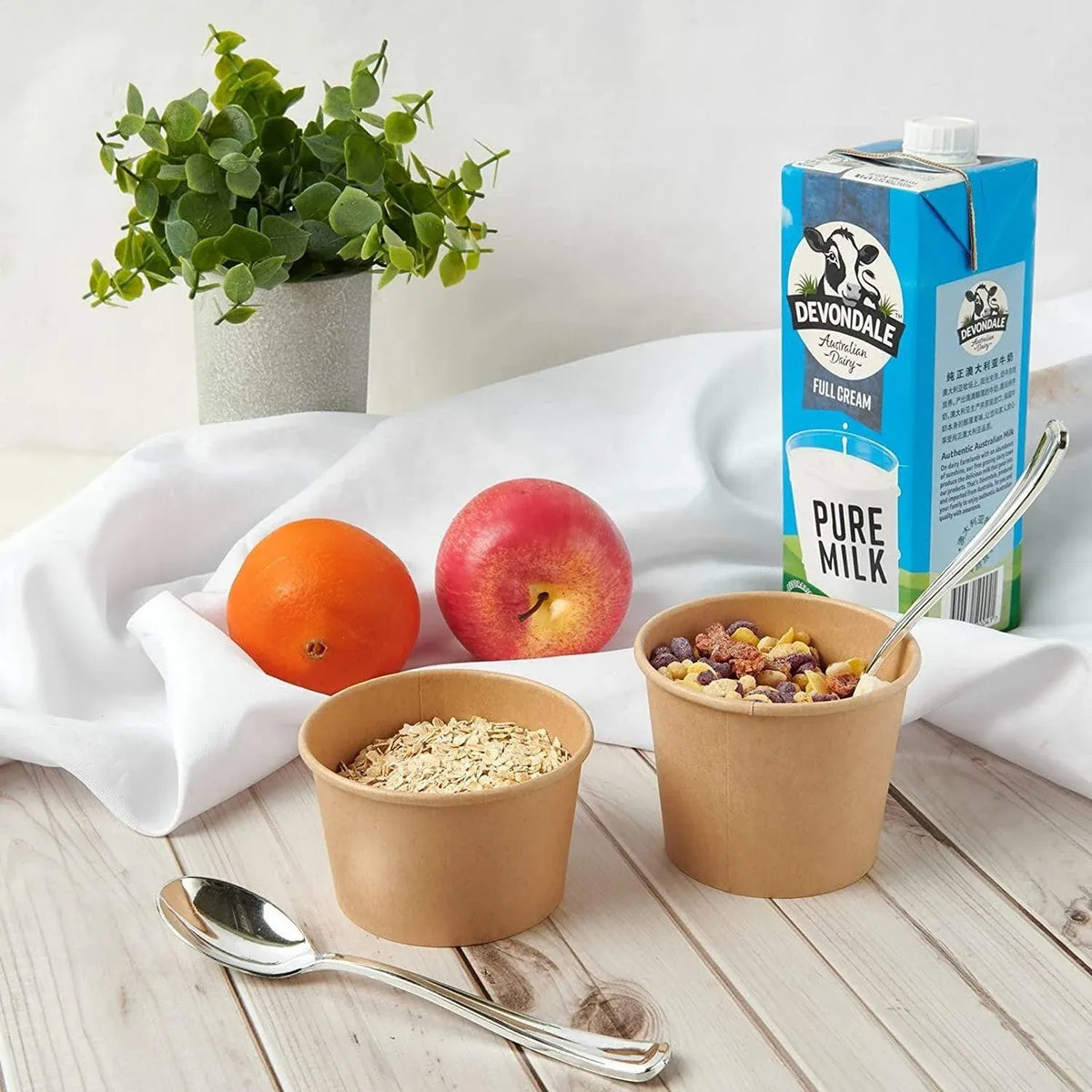 250x Biodegradable Kraft Paper Soup Bucket with Lid Takeaway Tubs Cups - 250ML (8OZ)