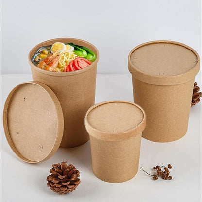 250x Biodegradable Kraft Paper Soup Bucket with Lid Takeaway Tubs Cups - 250ML (8OZ)