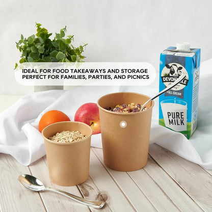 250x Biodegradable Kraft Paper Soup Bucket with Lid Takeaway Tubs Cups - 250ML (8OZ)
