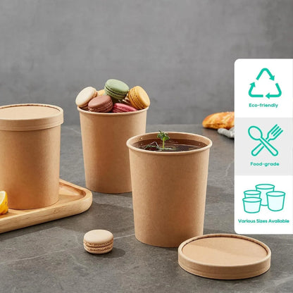 250x Biodegradable Kraft Paper Soup Bucket with Lid Takeaway Tubs Cups - 250ML (8OZ)