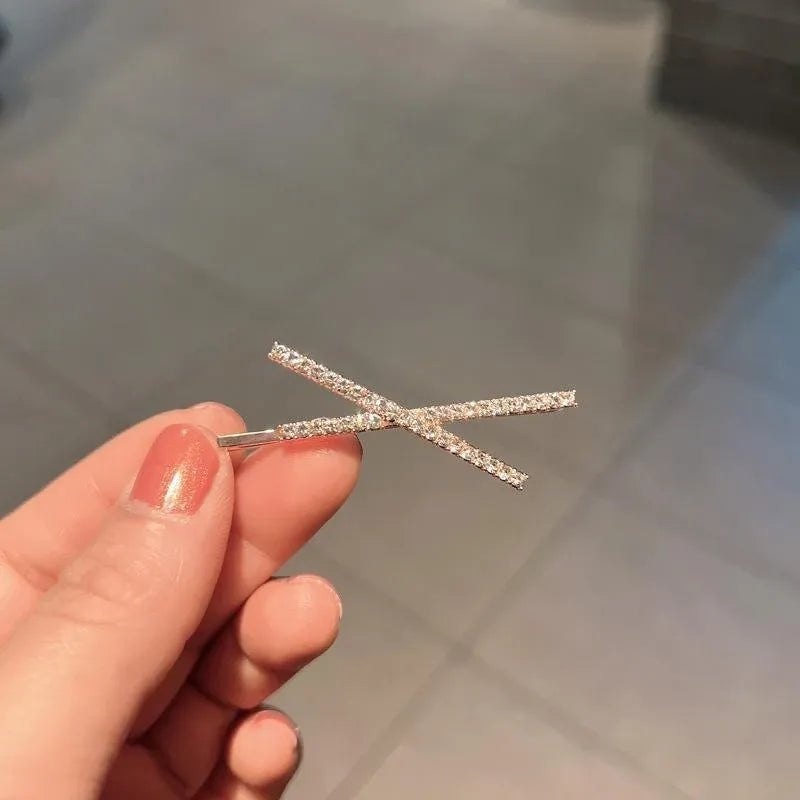 X Shaped Crystal Rhinestone Hair Clip Pin Barrette Hairpins Headwear Accessories - Rose Gold